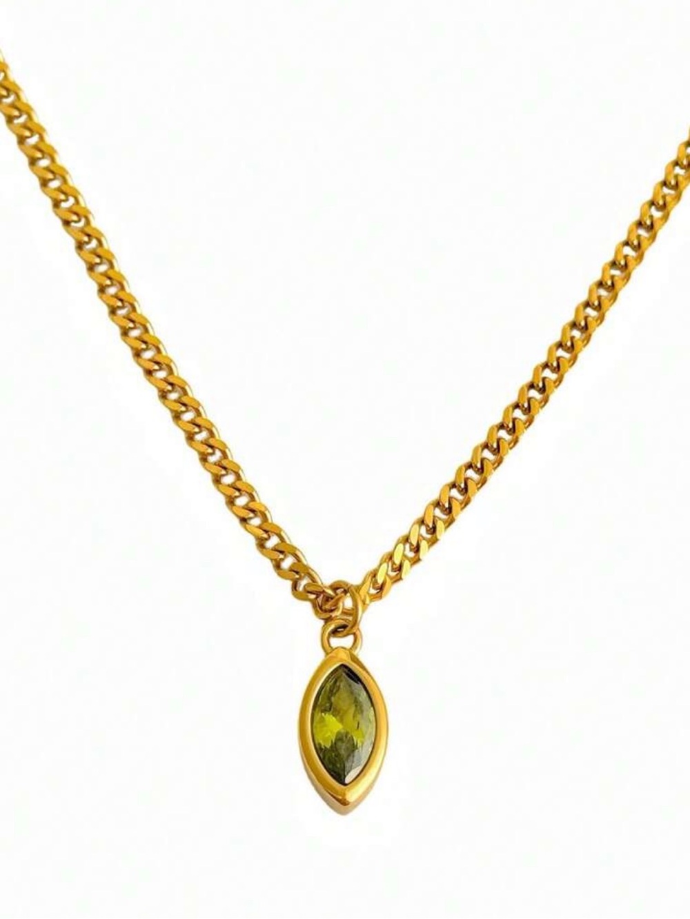 Gold Chain Necklace with Olive Green Marquise Pendant R762